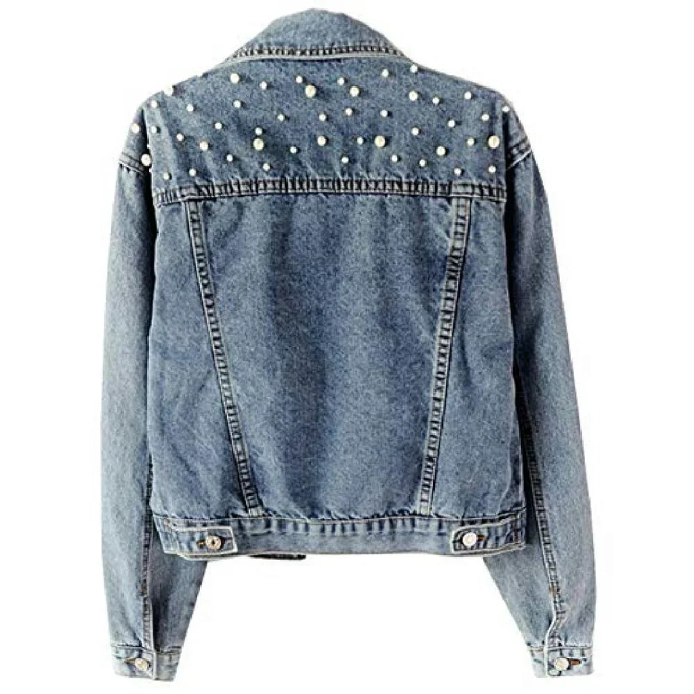 Oversized Denim Jacket with Pearl Beading, Distressed Wash, Customizable